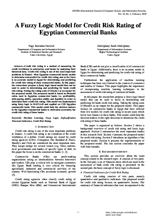 (PDF) A Fuzzy Logic Model for Credit Risk Rating of Egyptian Commercial ...
