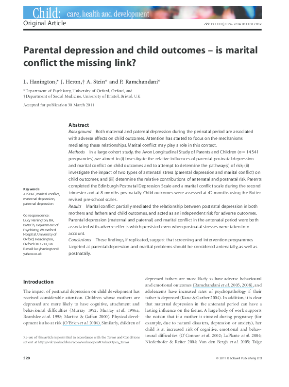 (PDF) Parental depression and child outcomes - is marital conflict the ...