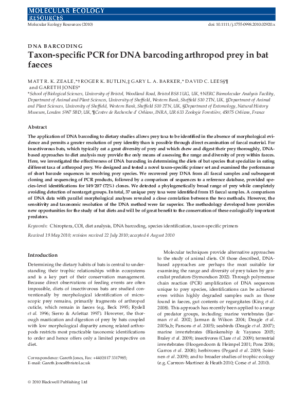 (PDF) Taxon-specific PCR for DNA barcoding arthropod prey in bat faeces
