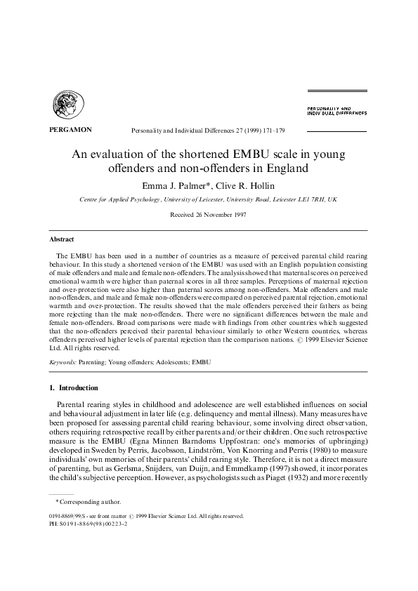(PDF) An evaluation of the shortened embu scale in youngoffenders and ...
