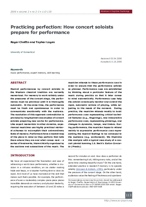 Pdf Practicing Perfection How Concert Soloists Prepare For Performance Roger Chaffin And Topher Logan Academia Edu