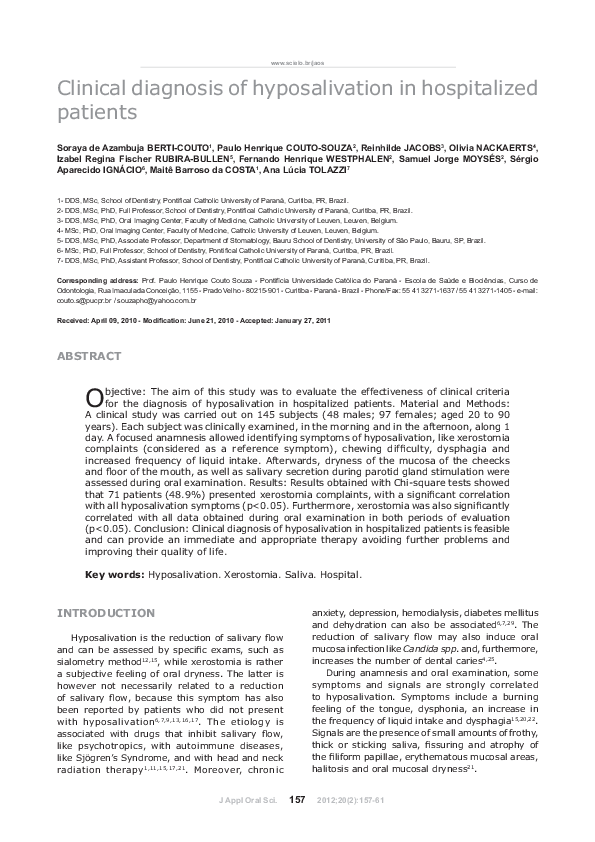 (PDF) Clinical diagnosis of hyposalivation in hospitalized patients