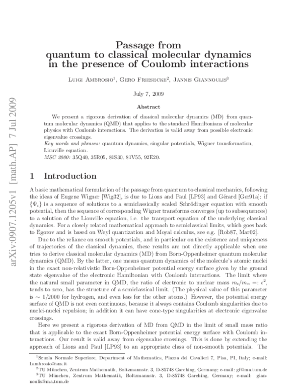 (PDF) Passage from Quantum to Classical Molecular Dynamics in the ...