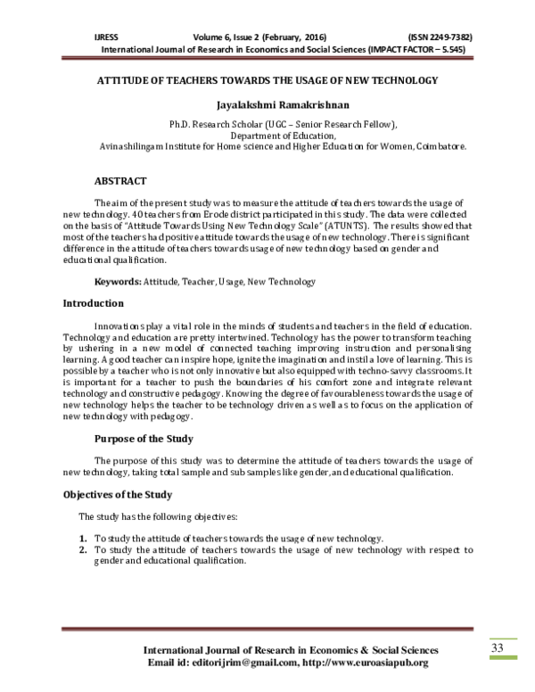 (PDF) ATTITUDE OF TEACHERS TOWARDS THE USAGE OF NEW TECHNOLOGY