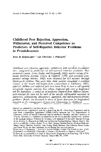  PDF Childhood Peer Rejection Aggression Withdrawal And Perceived Competence As Predictors 
