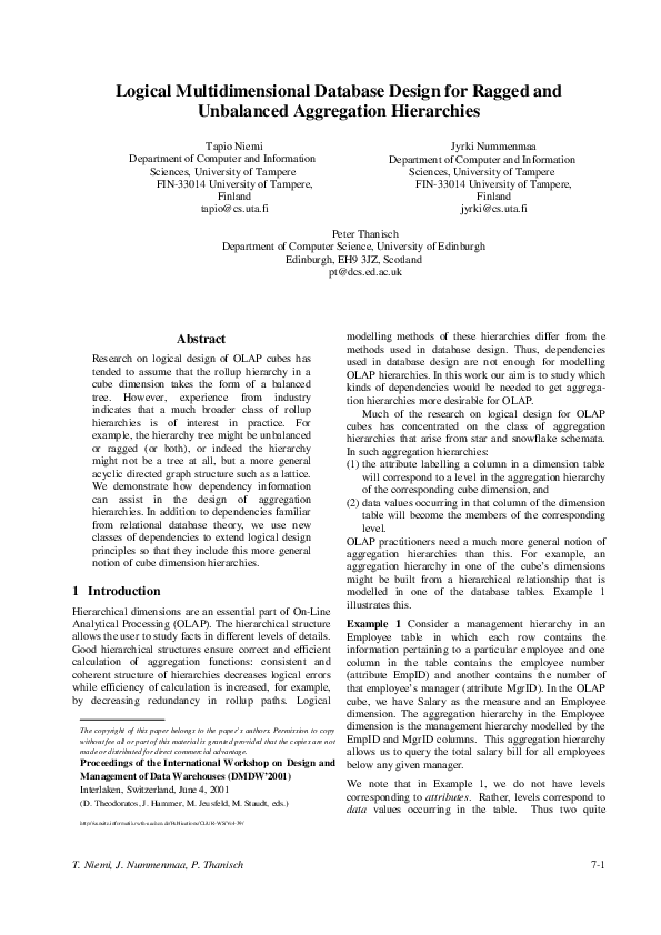 (PDF) Logical multidimensional database design for ragged and unbalanced aggregation hierarchies