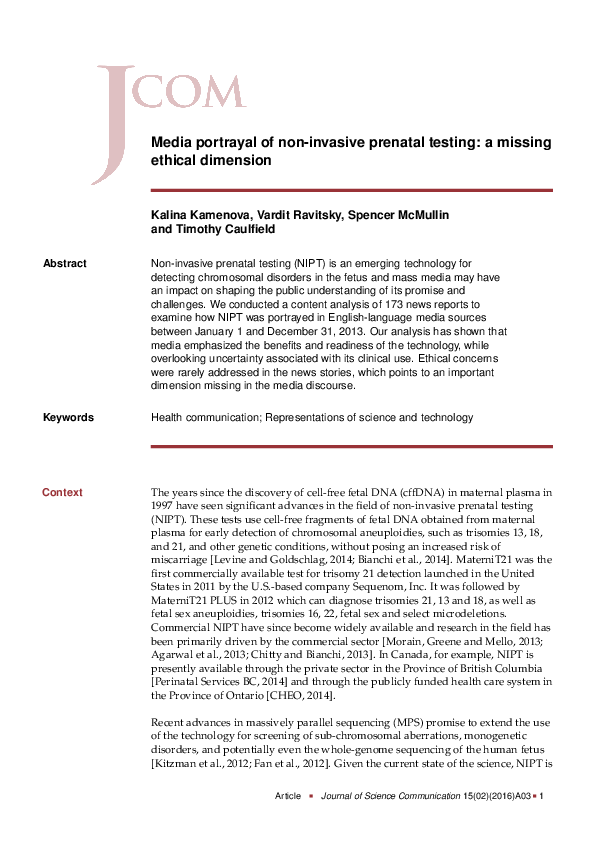 (PDF) Media portrayal of non-invasive prenatal testing: a missing ...