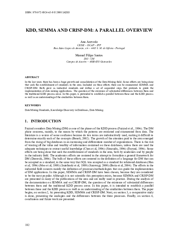 (PDF) KDD, SEMMA and CRISPDM a parallel overview Ana Azevedo