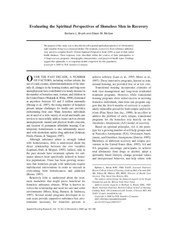 (PDF) Evaluating the spiritual perspectives of homeless men in recovery