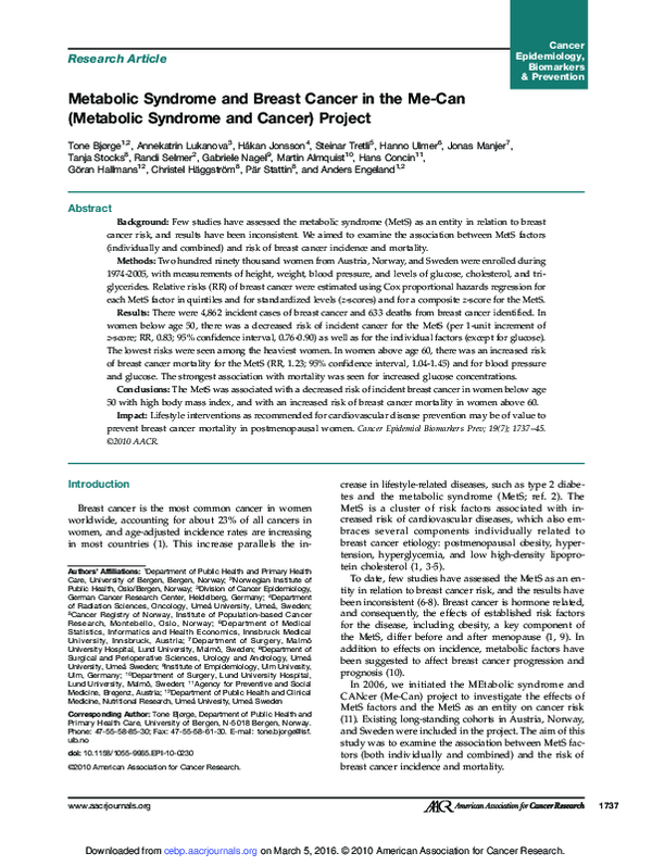 (PDF) Metabolic Syndrome and Breast Cancer in the Me-Can (Metabolic ...