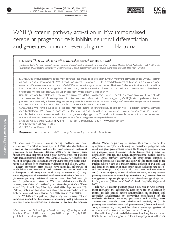 (PDF) WNT/β-catenin pathway activation in Myc immortalised cerebellar ...