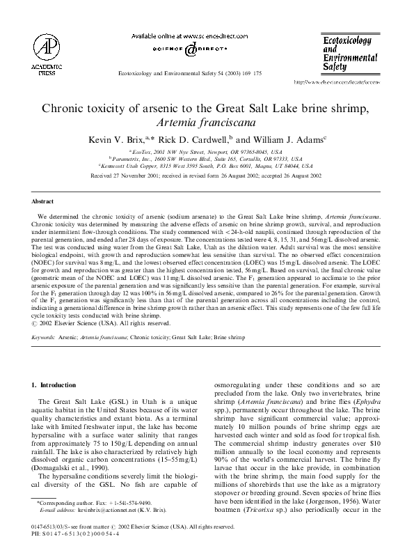 (PDF) Chronic toxicity of arsenic to the Great Salt Lake brine shrimp