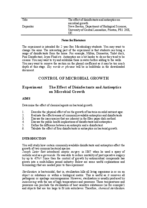 (DOC) Title The effect of disinfectants and antiseptics on microbial