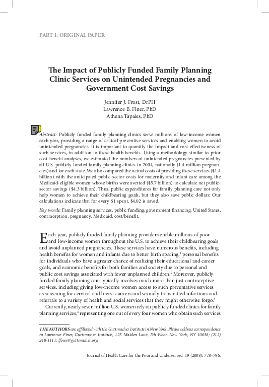 The Impact of Publicly Funded Family Planning Clinic Services on Unintended Pregnancies and Government Cost Savings