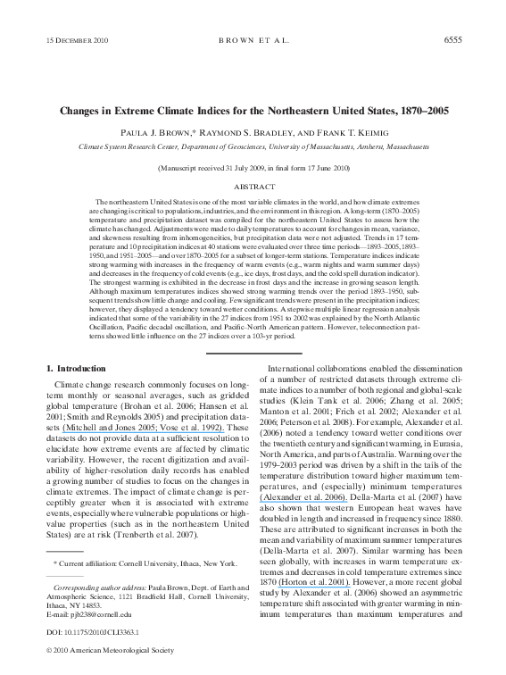 (PDF) Changes in Extreme Climate Indices for the Northeastern United ...