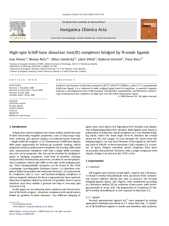 Pdf High Spin Schiff Base Dinuclear Iron Iii Complexes Bridged By N Oxide Ligands Radovan Herchel Academia Edu