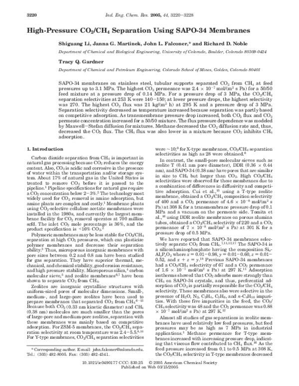 (PDF) High-Pressure CO 2 /CH 4 Separation Using SAPO-34 Membranes