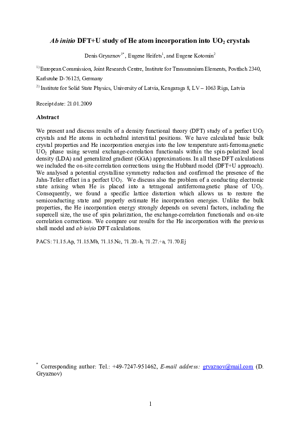 (PDF) Ab initio DFT+U study of He atom incorporation into UO2 crystals