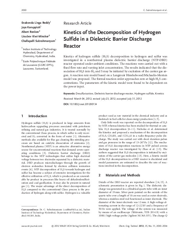 (PDF) Kinetics of the Decomposition of Hydrogen Sulfide in a Dielectric ...