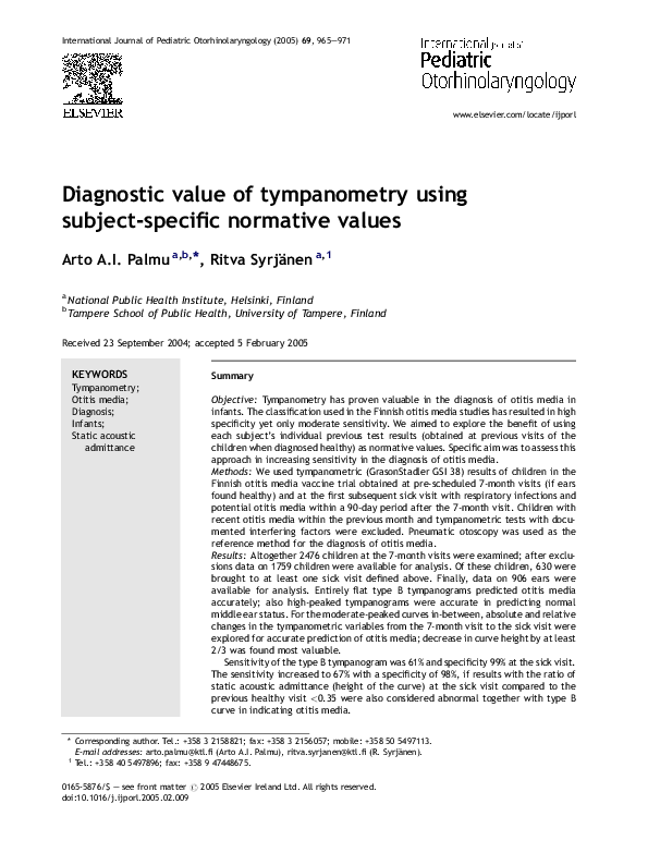 (PDF) Diagnostic value of tympanometry using subjectspecific normative