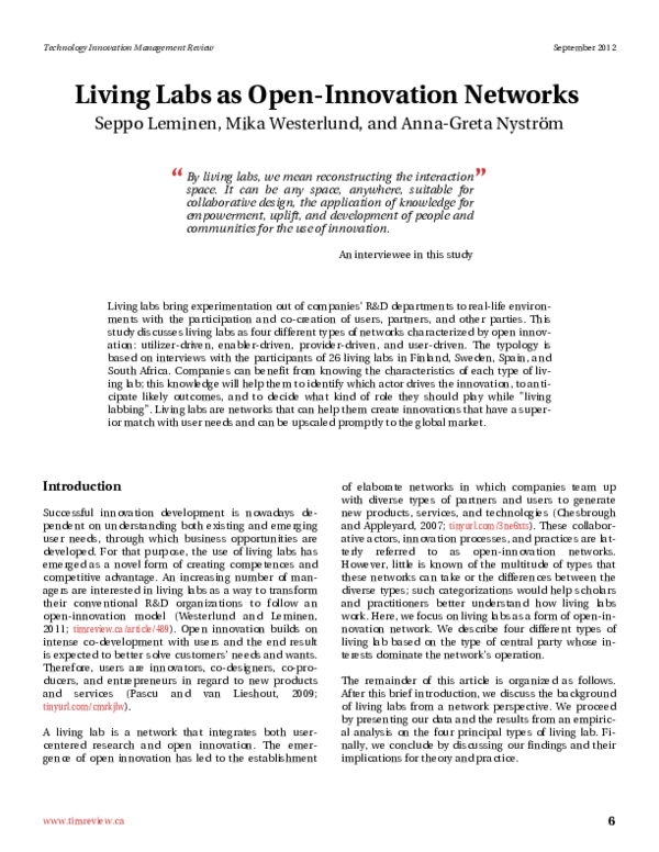 Pdf Living Labs As Open Innovation Networks