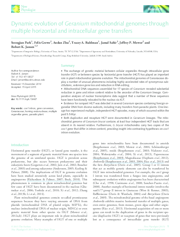(PDF) Dynamic evolution of Geranium mitochondrial genomes through ...