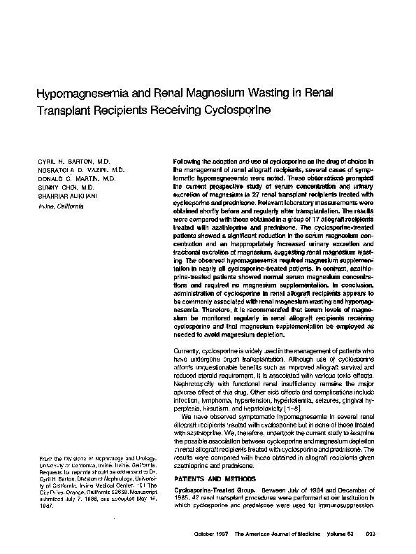 (PDF) Hypomagnesemia and renal magnesium wasting in renal transplant