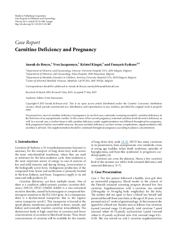l carnitine deficiency in pregnancy PDF) Carnitine Deficiency and Pregnancy