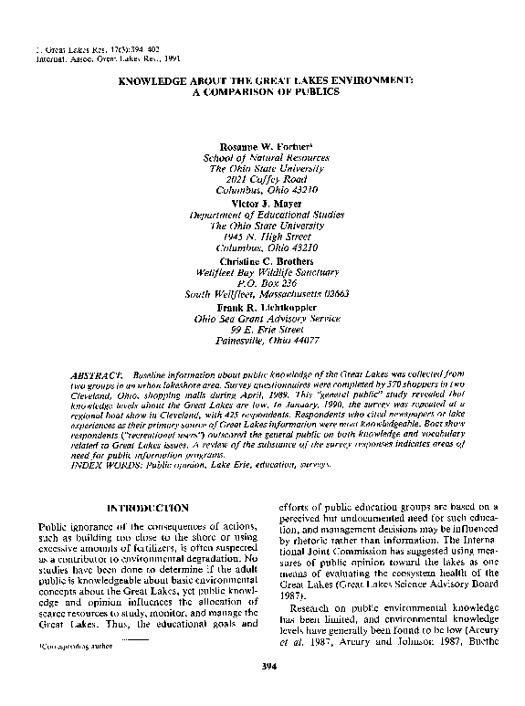 (PDF) Knowledge about the Great Lakes Environment: A Comparison of Publics