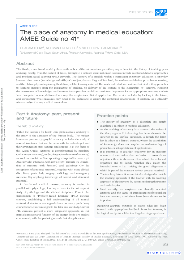 (PDF) The place of anatomy in medical education: AMEE Guide no 41*