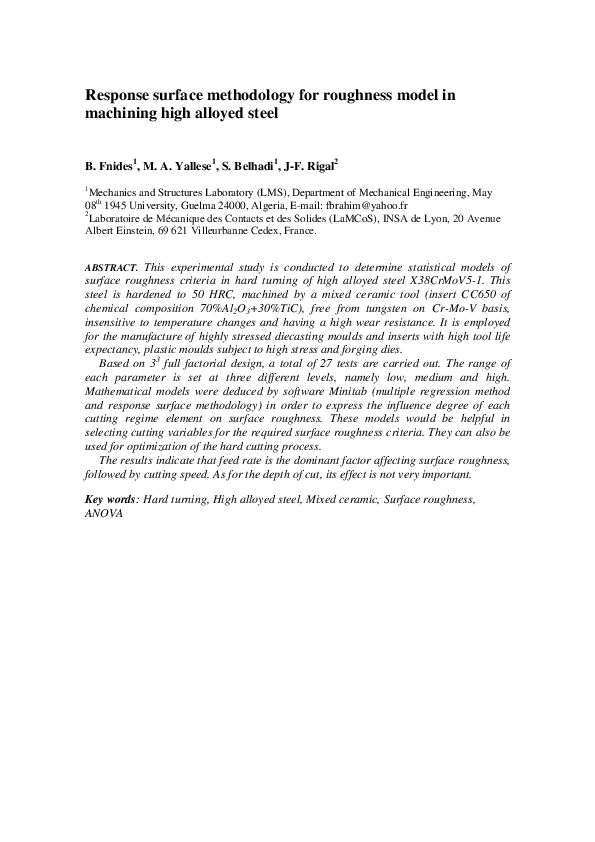 (PDF) Response surface methodology for roughness model in machining ...