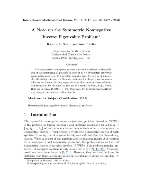 (PDF) A note on the symmetric nonnegative inverse eigenvalue problem