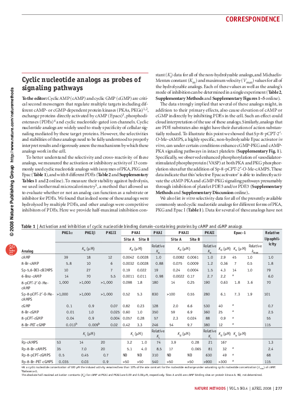 (PDF) Cyclic nucleotide analogs as probes of signaling pathways