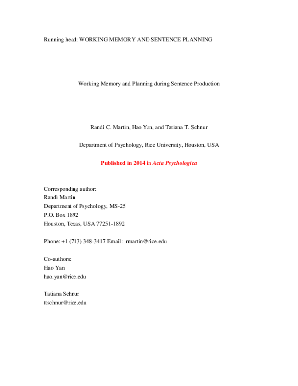 (PDF) Working memory and planning during sentence production
