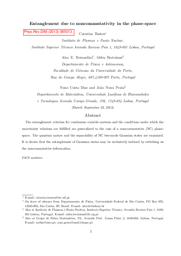 (PDF) Entanglement due to noncommutativity in phase space