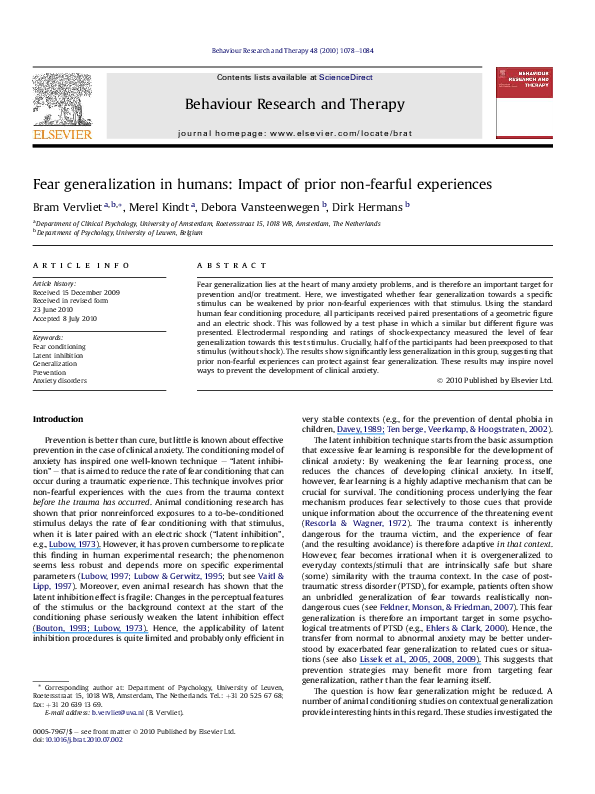 (PDF) Fear generalization in humans: Impact of prior non-fearful ...