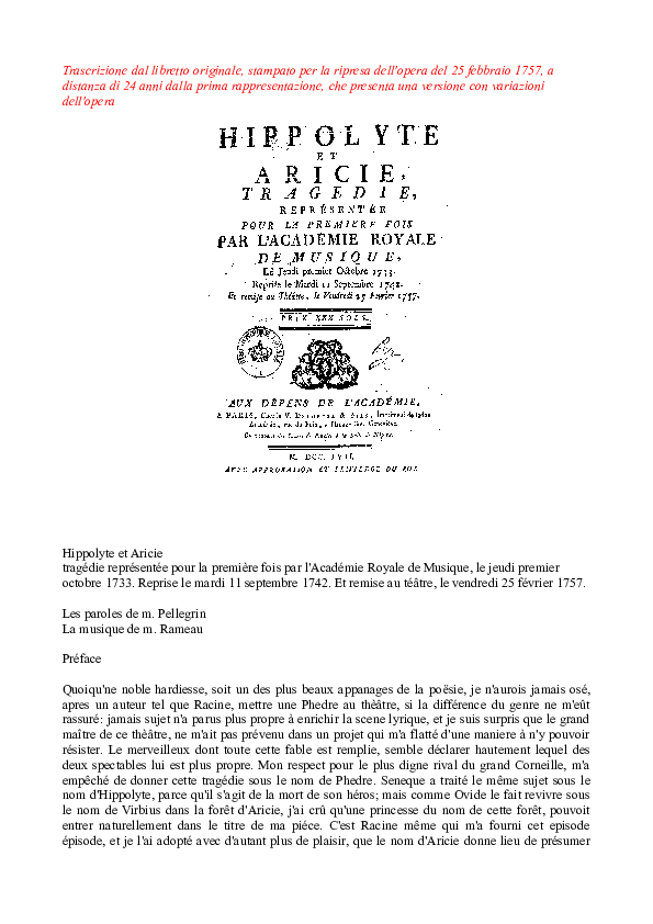 Jean Philippe Rameau Hippolyte Et Aricie 1757 Digitized Text Maria Rosa Di Carlo Academia Edu