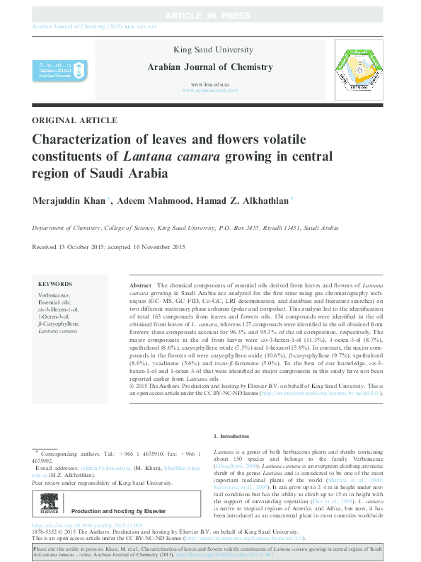 (PDF) Characterization of leaves and flowers volatile constituents of ...