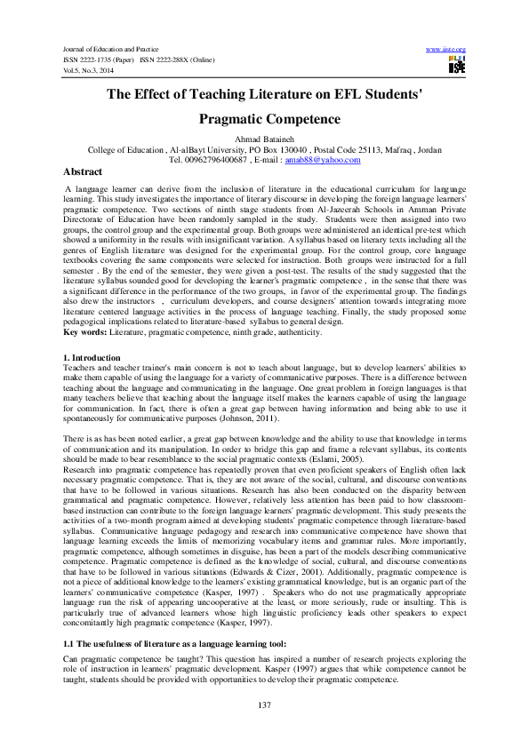 (PDF) The Effect of Teaching Literature on EFL Students' Pragmatic ...