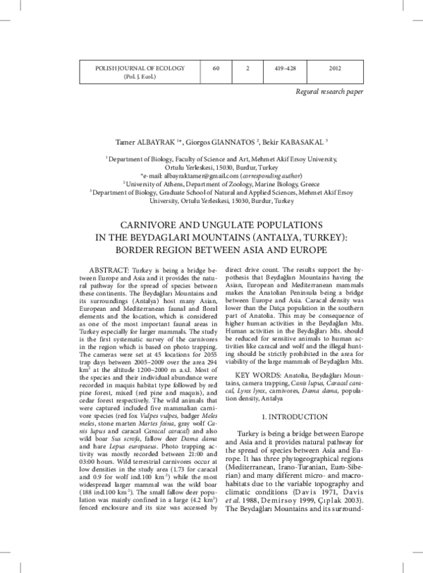 Carnivore and Ungulate Populations in the Beydaglari Mountains (Anatolia, Turkey) – Border Region Between Asia and Europe