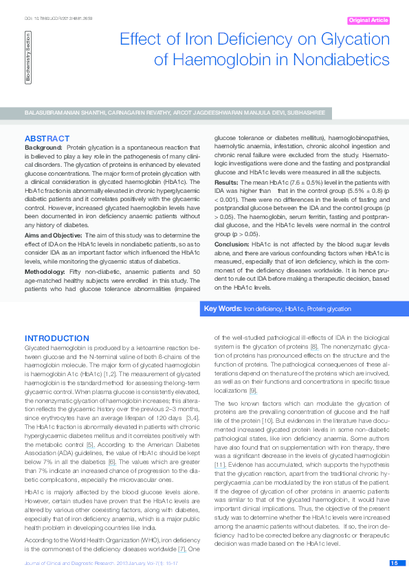 (PDF) Effect of Iron Deficiency on Glycation of Haemoglobin in Nondiabetics