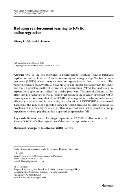 (PDF) Reducing reinforcement learning to KWIK online regression