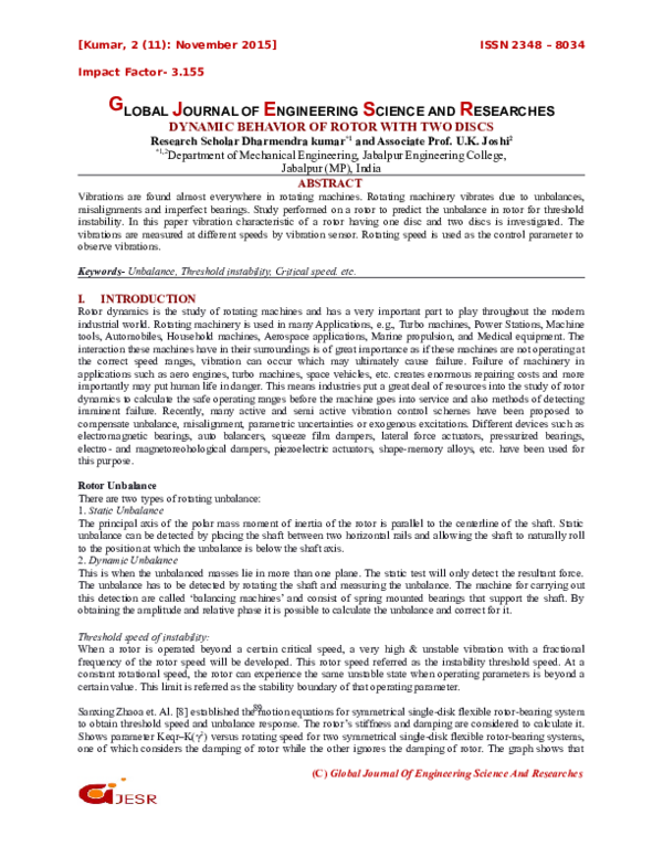 DYNAMIC BEHAVIOR OF ROTOR WITH TWO DISCS GJESR Journal Academia.edu