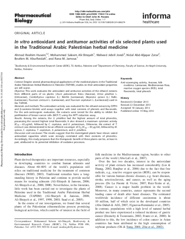 (PDF) In vitro antioxidant and antitumor activities of six selected plants used in the