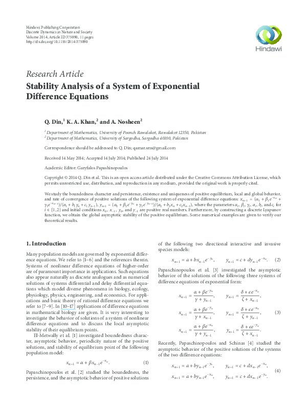 (PDF) Stability Analysis of a System of Exponential Difference Equations