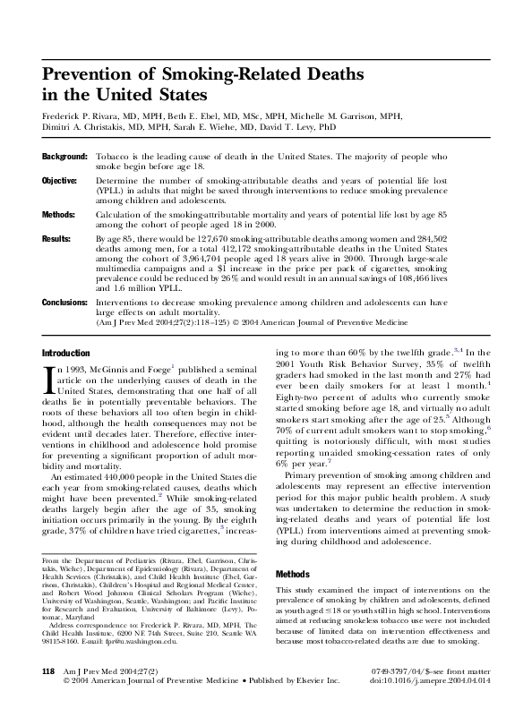 (PDF) Prevention of smokingrelated deaths in the United States David