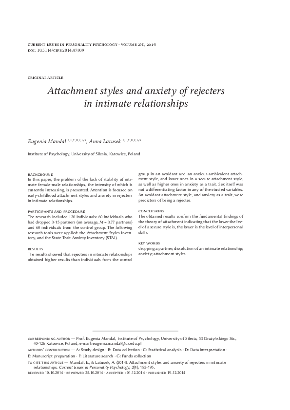 (PDF) Attachment styles and anxiety of rejecters in intimate relationships