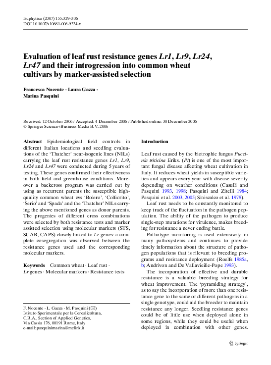 (PDF) Evaluation of leaf rust resistance genes Lr1, Lr9, Lr24, Lr47 and ...