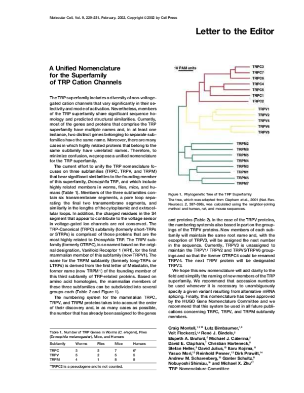(PDF) A Unified Nomenclature for the Superfamily of TRP Cation Channels