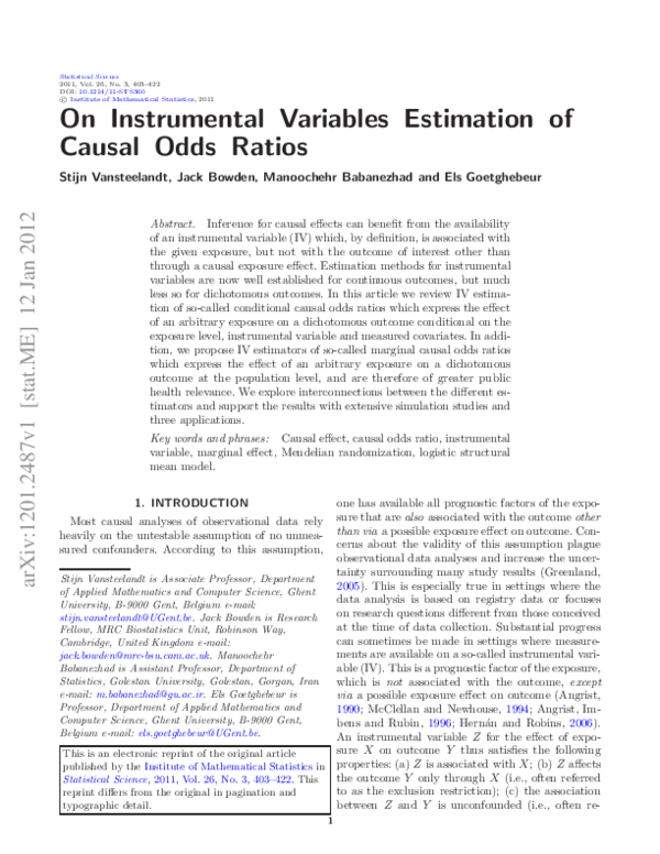 (PDF) On Instrumental Variables Estimation of Causal Odds Ratios Els Goetghebeur Academia.edu